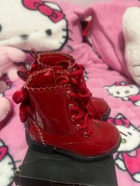 Sugar Red Patent Lace-Up Kids Boots with Bow Accent